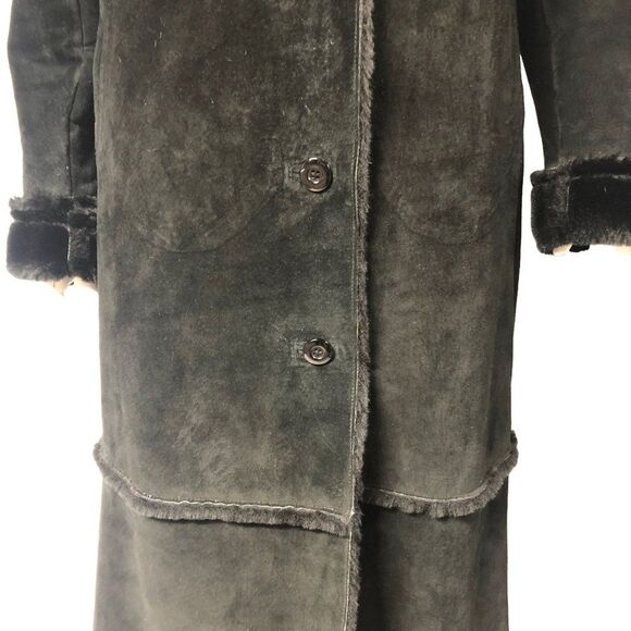 Vintage Y2K 2000s Express Black Suede Faux Shearling Long Heavy Coat - Picture 3 of 8